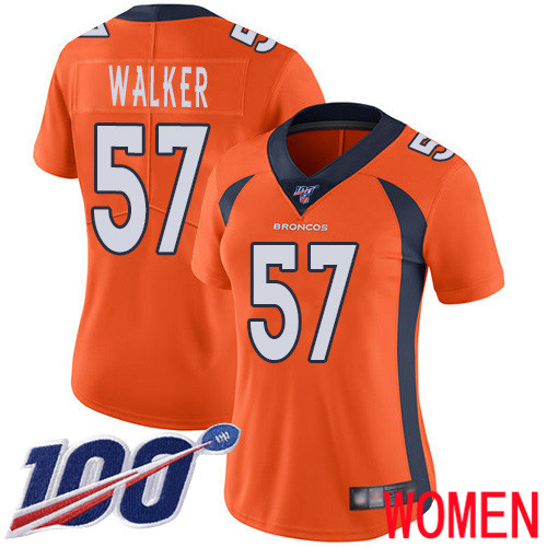 Women Denver Broncos 57 Demarcus Walker Orange Team Color Vapor Untouchable Limited Player 100th Season Football NFL Jersey